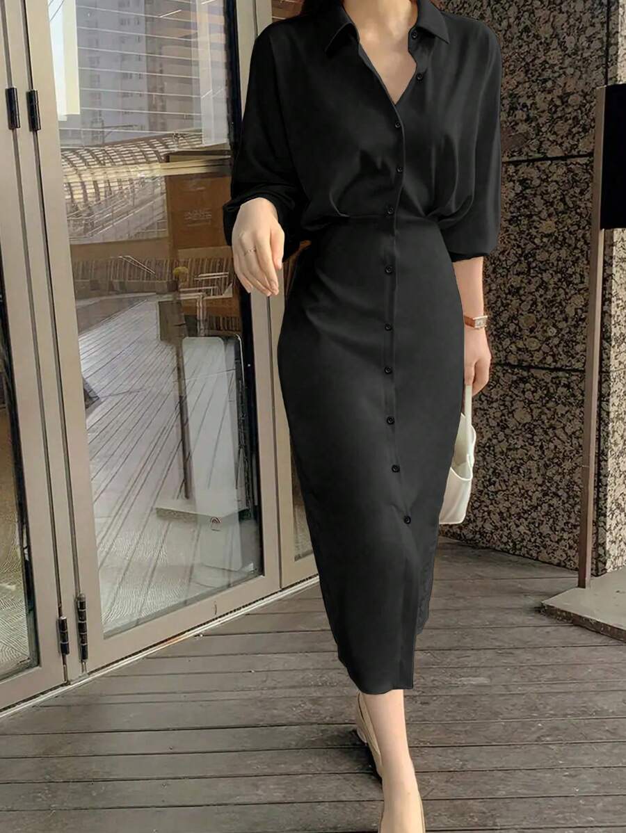 Robe de bureau décontractée – Manches chauve‑souris fendues, couleur unie