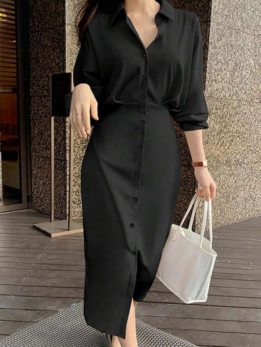 Robe de bureau décontractée – Manches chauve‑souris fendues, couleur unie